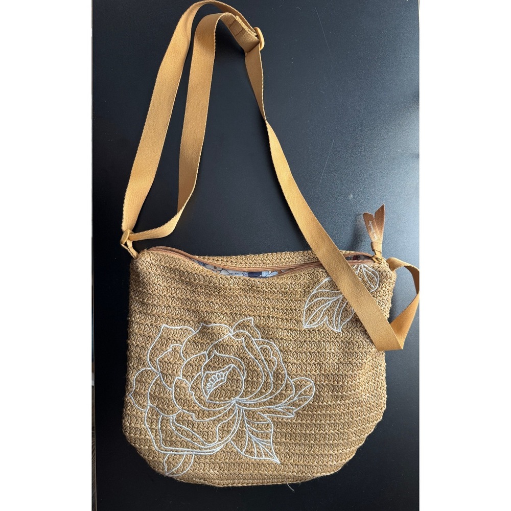 Vera Bradley Crossbody Bag Womens Tan Straw Floral Embroidered Woven Purse